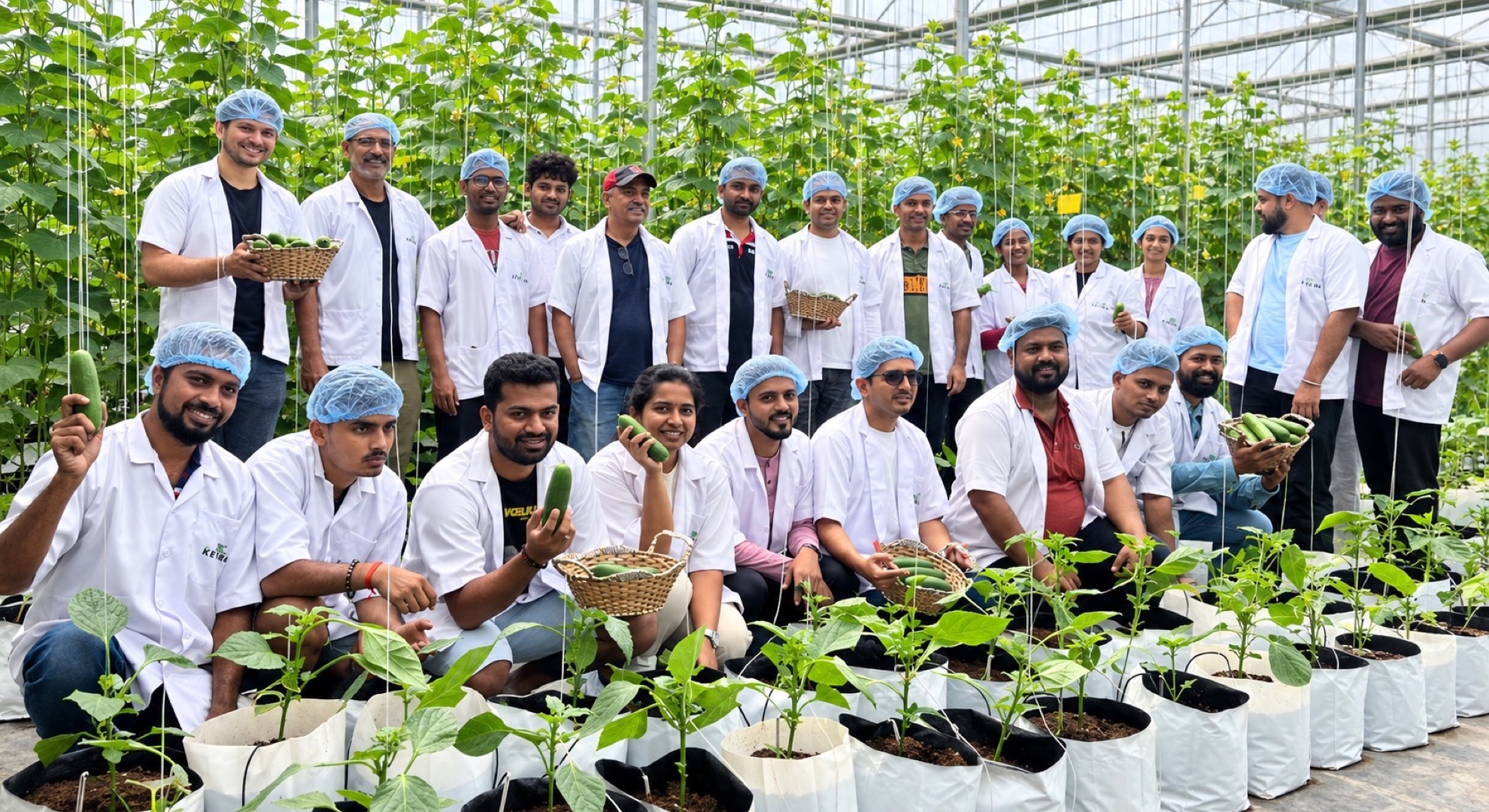 Farm training participants holding harvested cucumbers inside a hydroponic greenhouse
