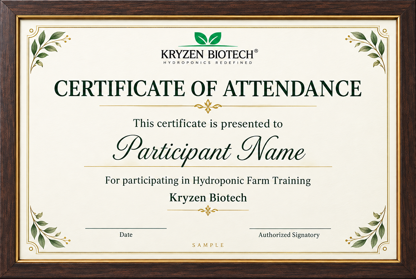 Framed sample Kryzen Biotech certificate of attendance for Hydroponic Farm Training