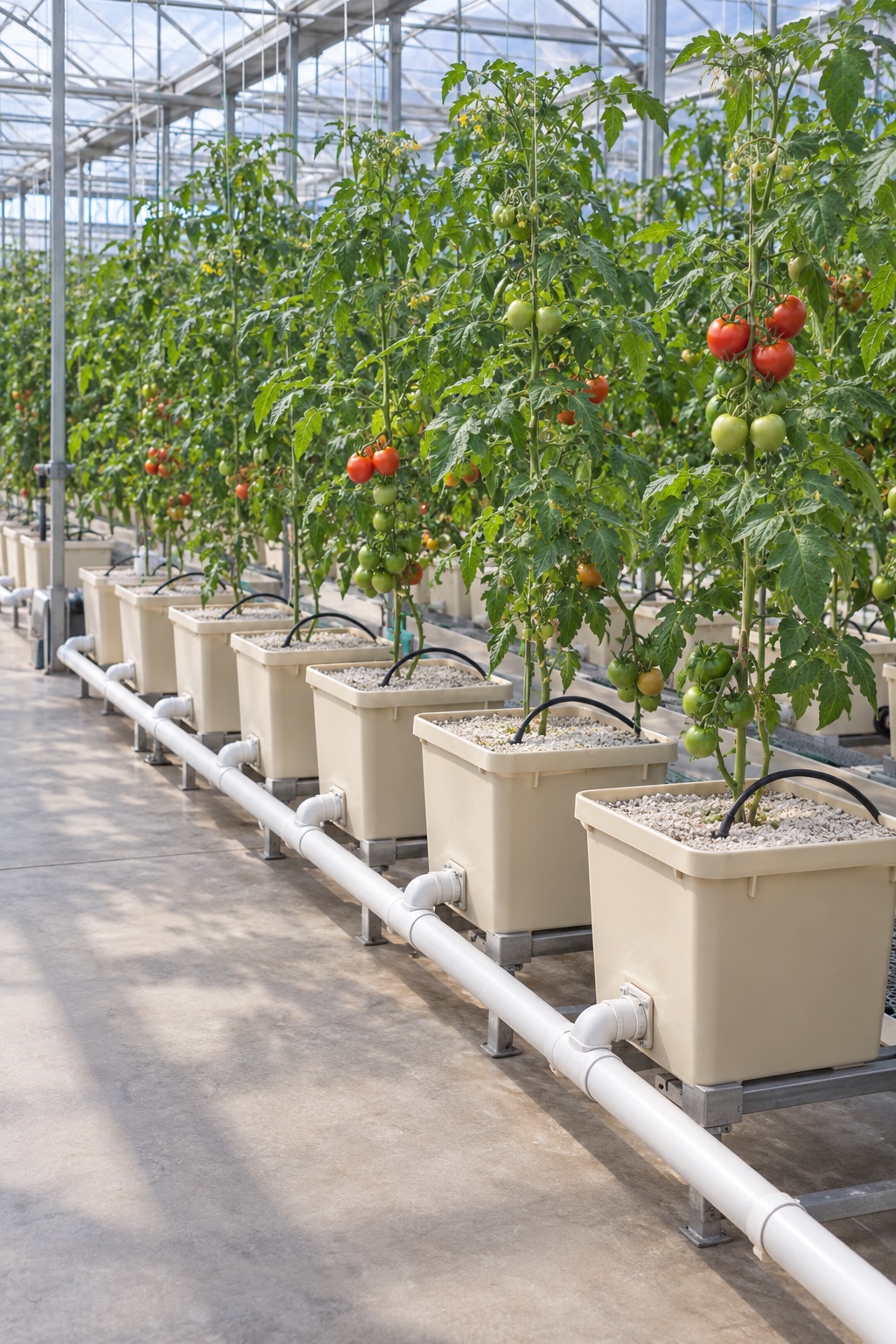 Tomato plants growing in Dutch buckets with visible drip lines and drainage pipes