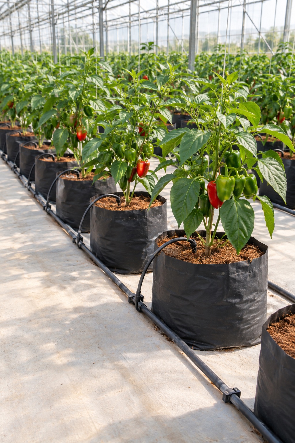Pepper plants growing in coco-filled grow bags with visible drip irrigation