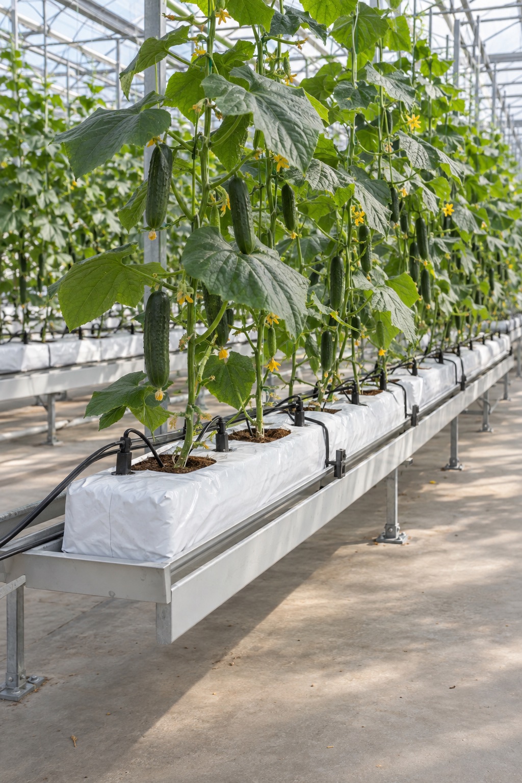Cucumber plants growing in hydroponic grow slabs with visible drip stakes and support gutters