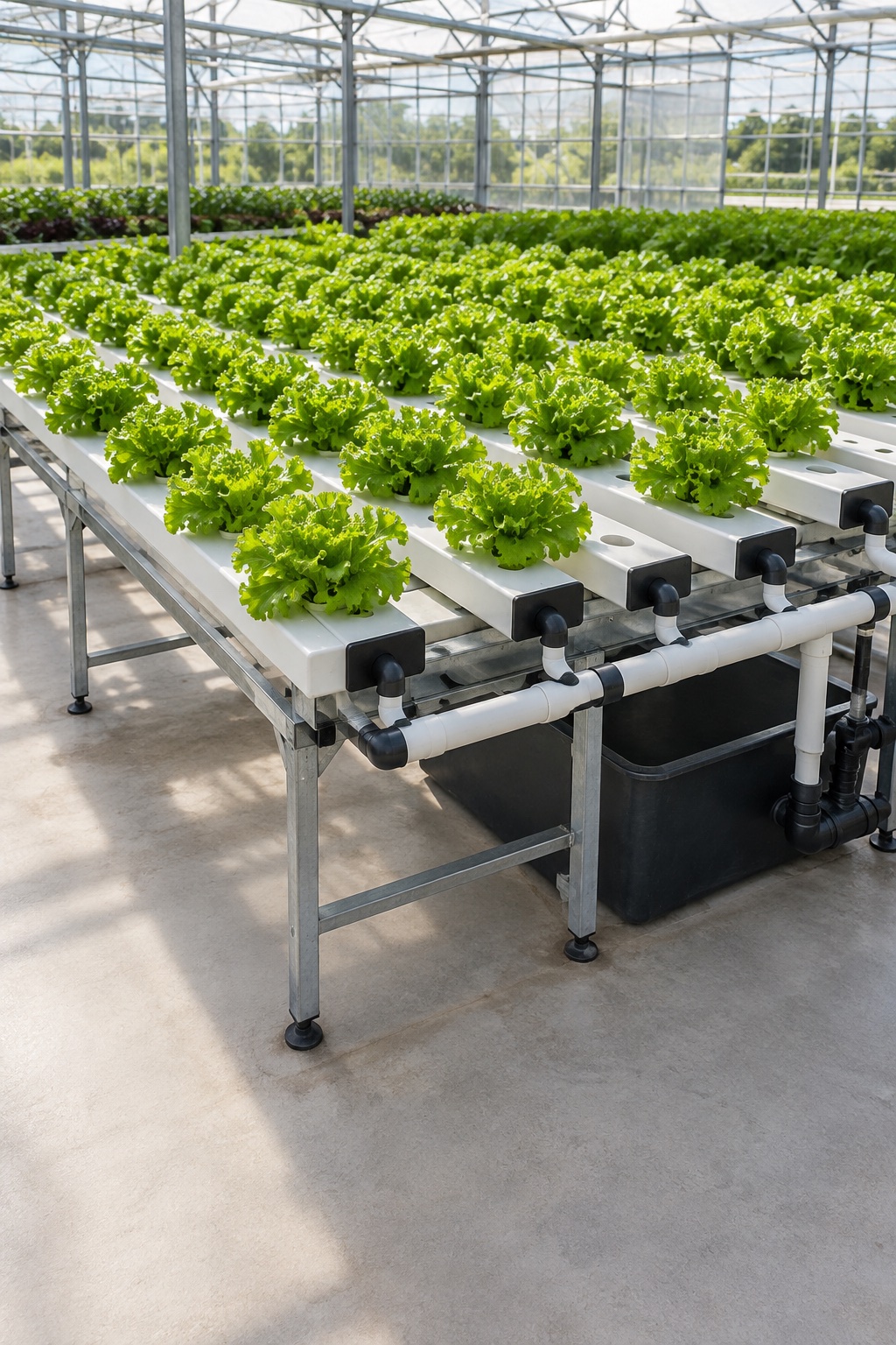 Lettuce growing in white NFT flatbed channels with visible irrigation pipes and support frame